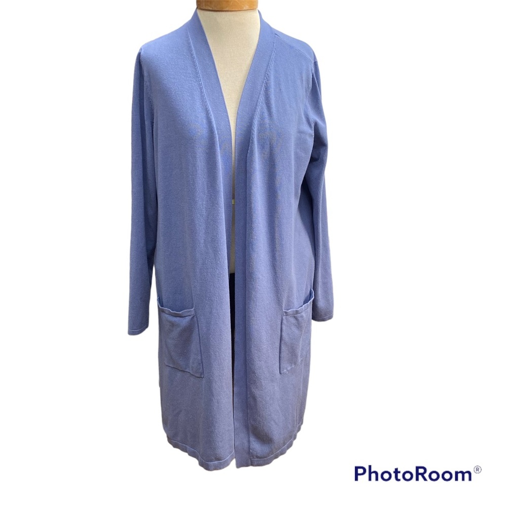 Belle by Kim Gravel Feather Knit Cardigan, Chambray Blue, Size M Two Pockets